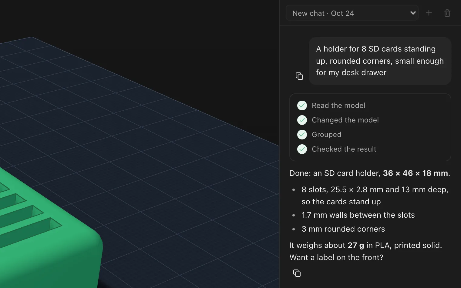 The AI sidebar beside an SD card holder: the request, the steps it took, its answer with sizes and weight, and a second request in progress.