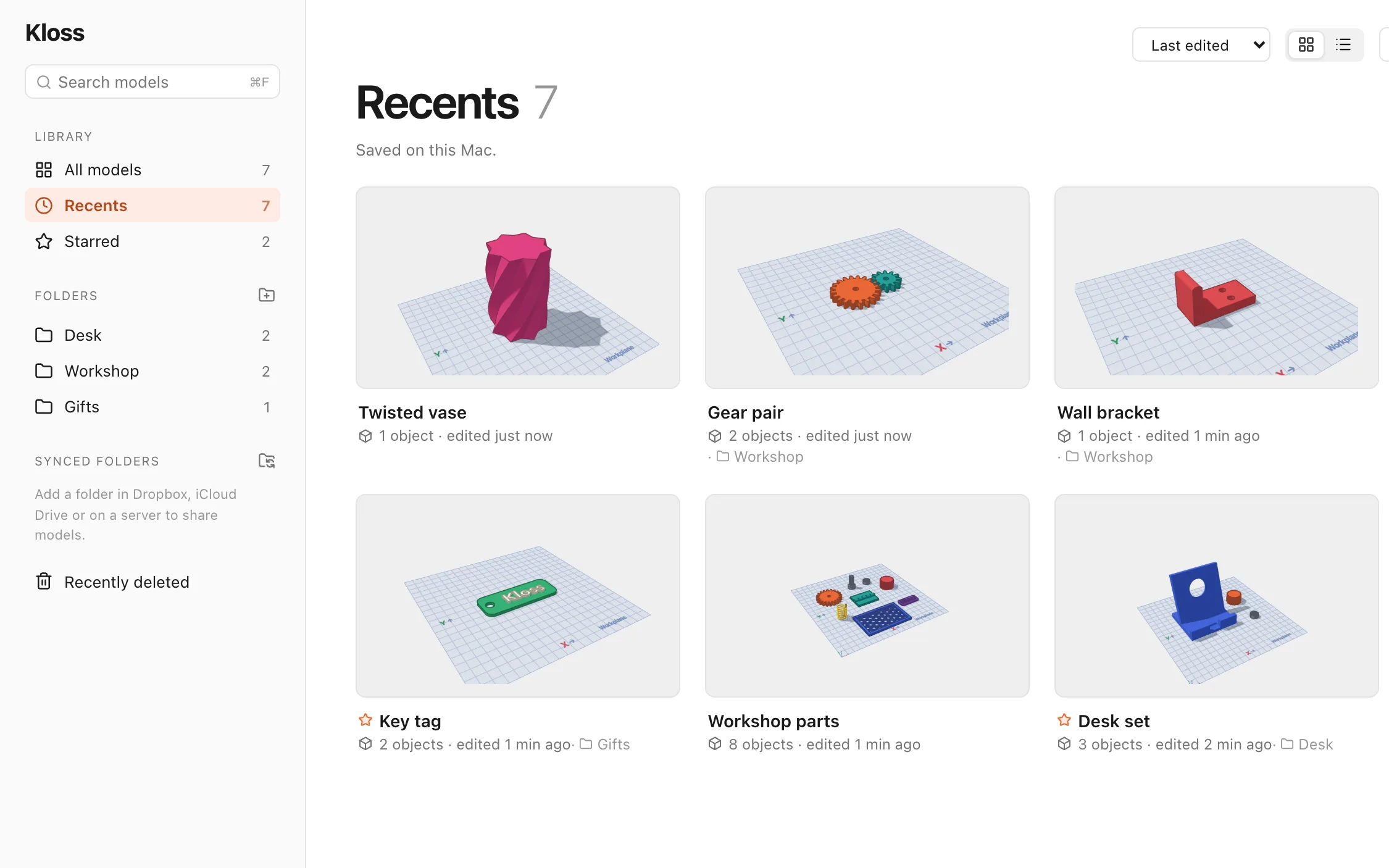 The Dashboard's Recents: a twisted vase, a gear pair, a wall bracket, a key tag, workshop parts and a desk set, with folders Desk, Workshop and Gifts.