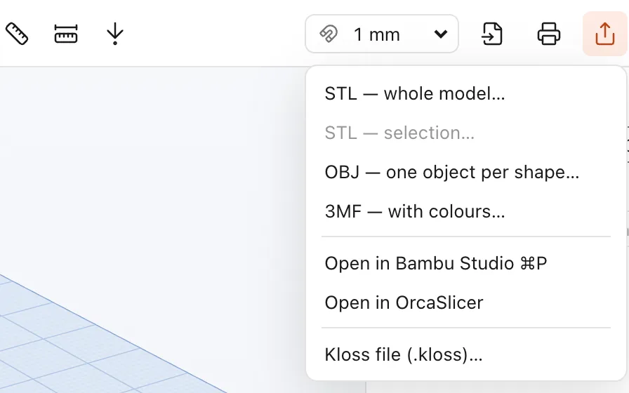 The Export menu: STL whole model, OBJ, 3MF with colours, Open in Bambu Studio, Open in OrcaSlicer, Kloss file.