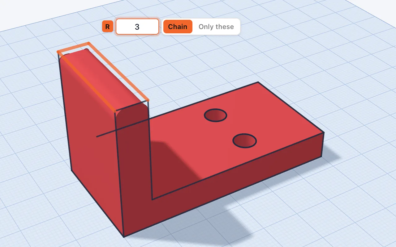 A red bracket in edge mode: three edges along the top of its wall picked in orange, and the radius box reading 3.