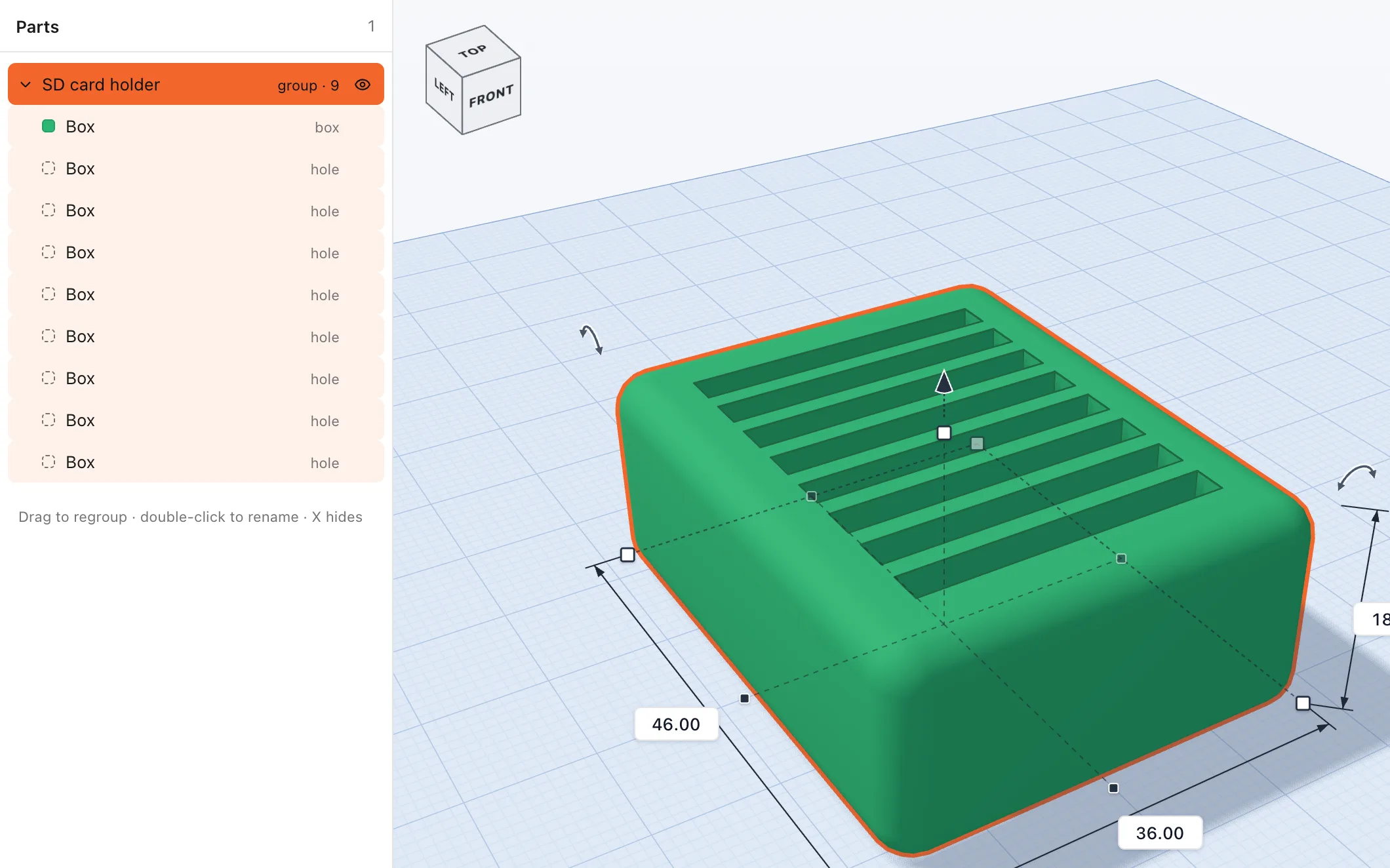 An SD card holder with eight slots, and the Parts list: one box and eight holes in a group.