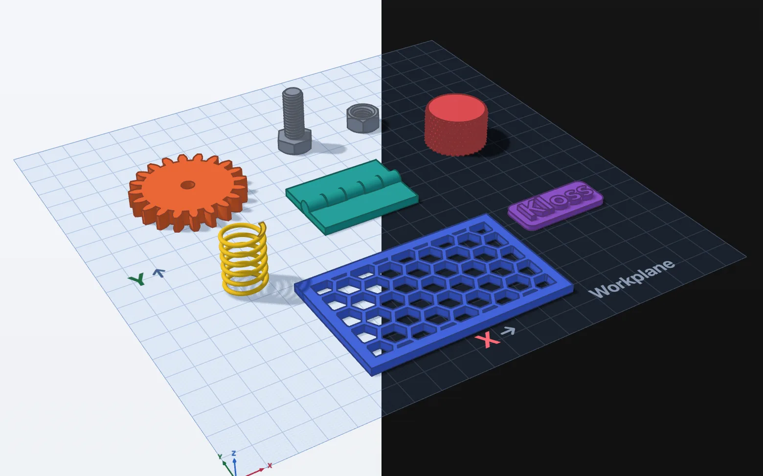 The same workplane of parts, the left half in light mode and the right half in dark mode.
