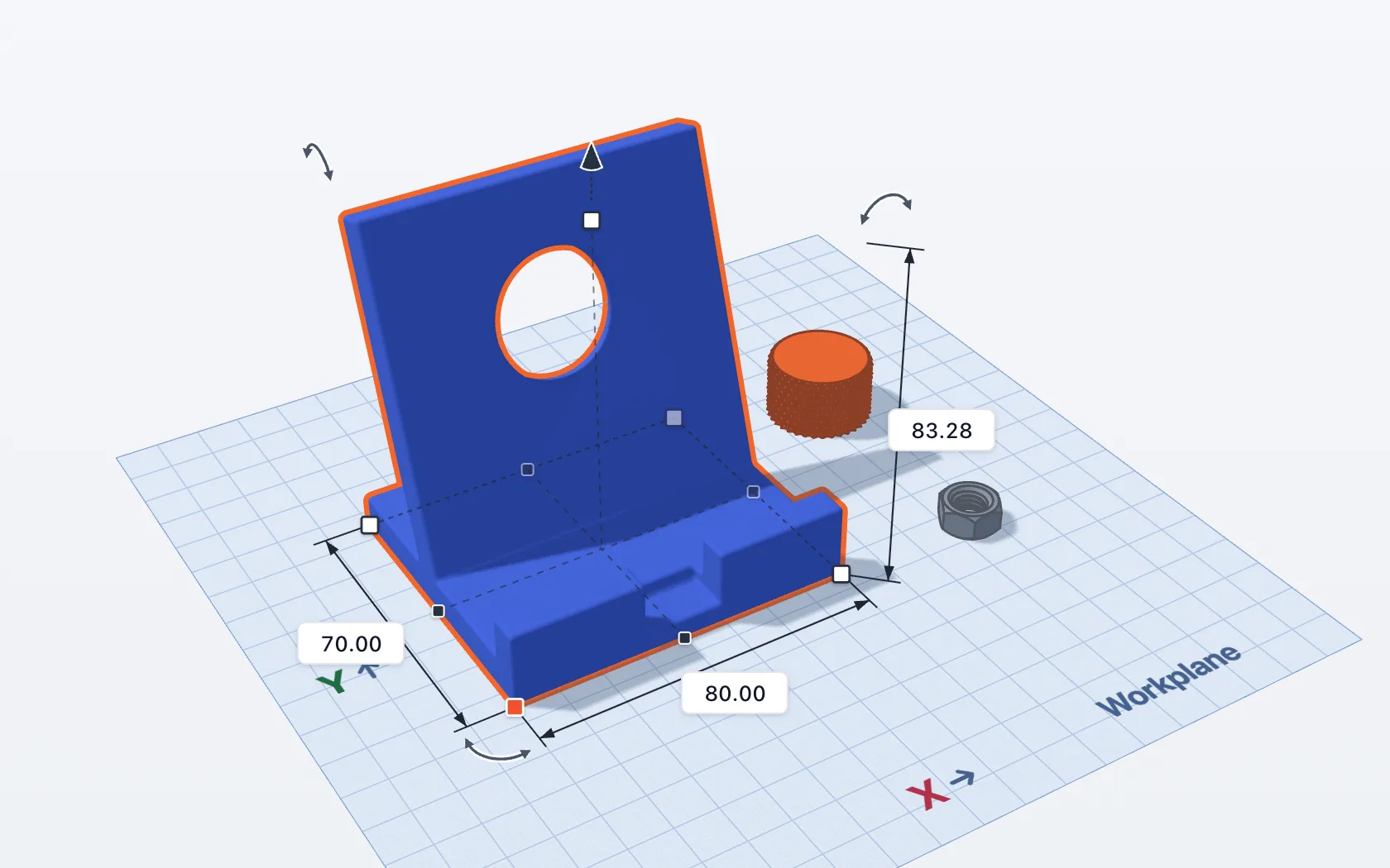 A blue phone stand selected on the workplane, with its handles and dimension lines reading 80.00, 70.00 and 83.28.