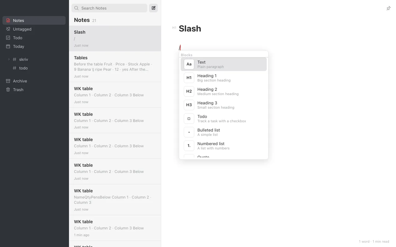 Slash menu